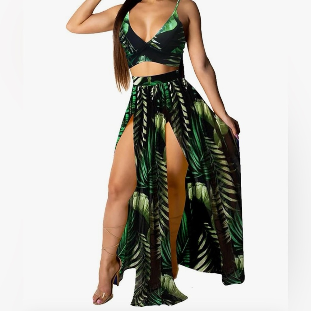 Leaf Print Halter Top and Skirt Set